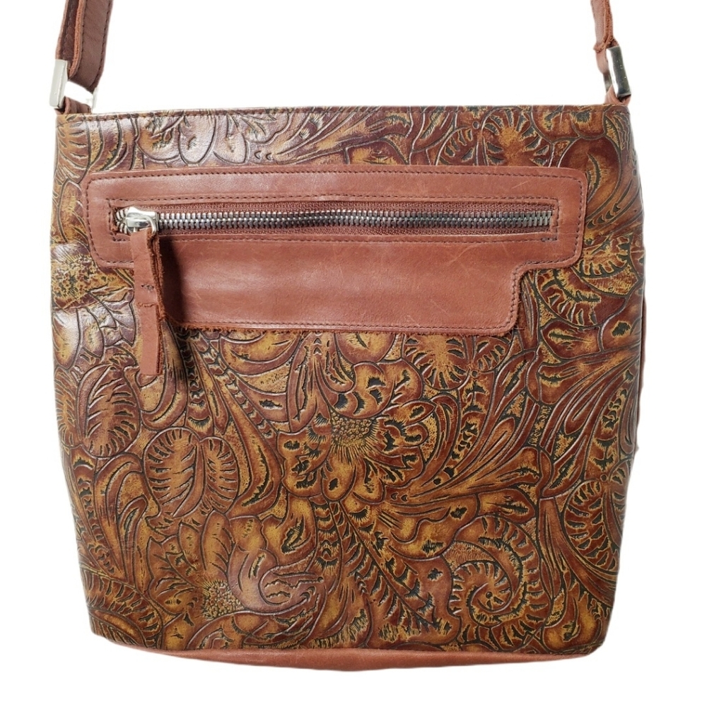 SAS Brown Embossed Tooled Leather Crossbody Purse Shoulder Bag Made In‎ USA